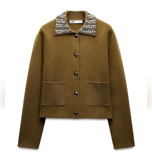Zara Olive Cardigan with Jeweled Collar